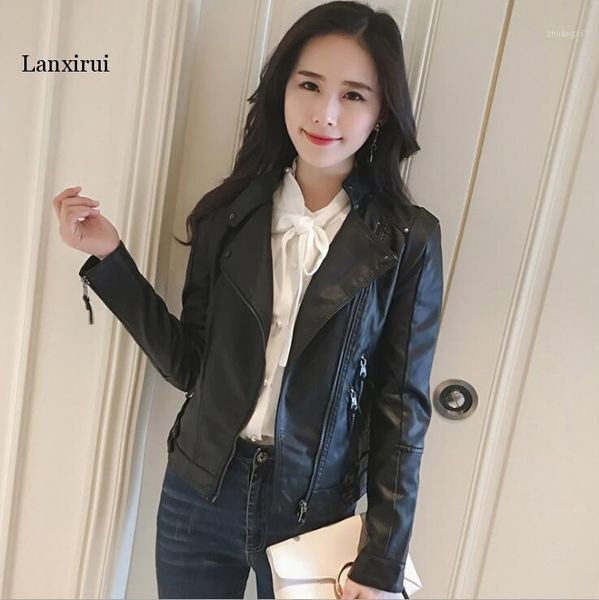 

lanxirui fashion slim women faux leather jacket casual biker motorcycle jackets female punk streetwear spring autumn coat1, Black