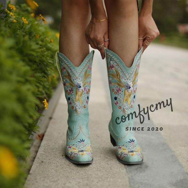 

boots embroidery mid calf women's low thick heel slip-on female ladies walking shoes long green beige big size 35-43, Black