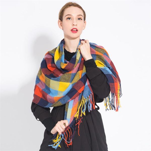 

scarves 2021 plaid winter cashmere scarf women neck head casual long tassel scarfs for ladies shawls and wraps bufandas, Blue;gray