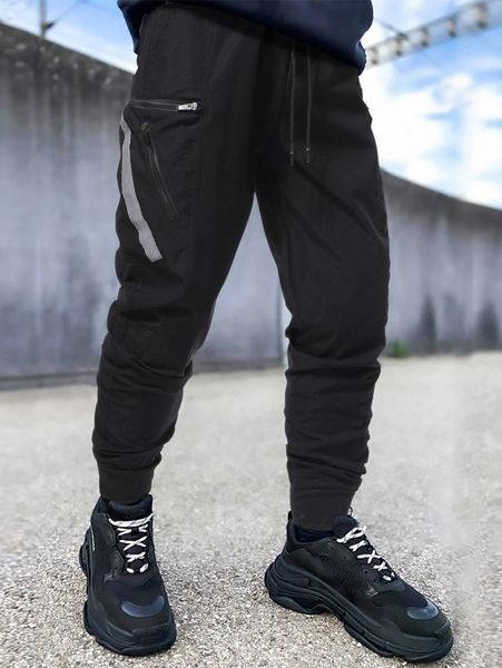 

men contrast tape zip pocket drawstring waist joggers p6ko#, Black