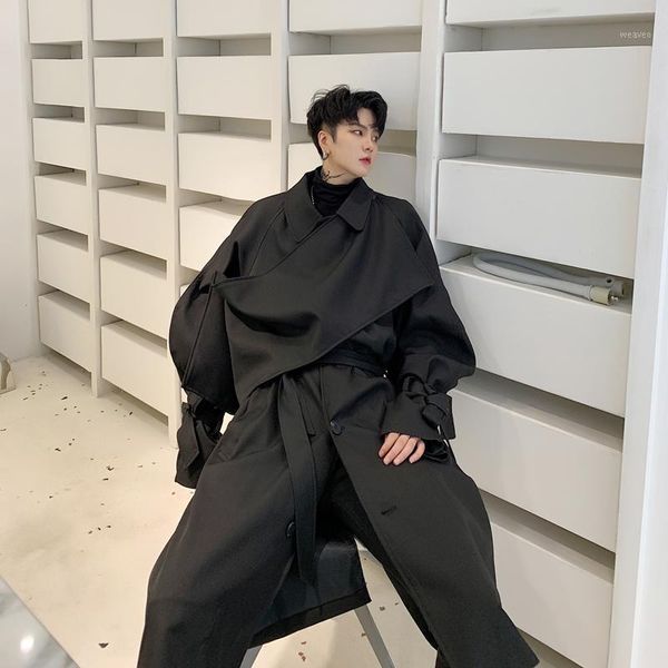 

men vintage puff sleeve loose casual long windbreaker jacket overcoat male streetwear hip hop gothic trench coat outerwear1, Tan;black