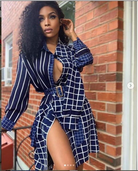 

vavcy 2020 autumn white striped turn-down collar shirt midi dress1, Black;gray