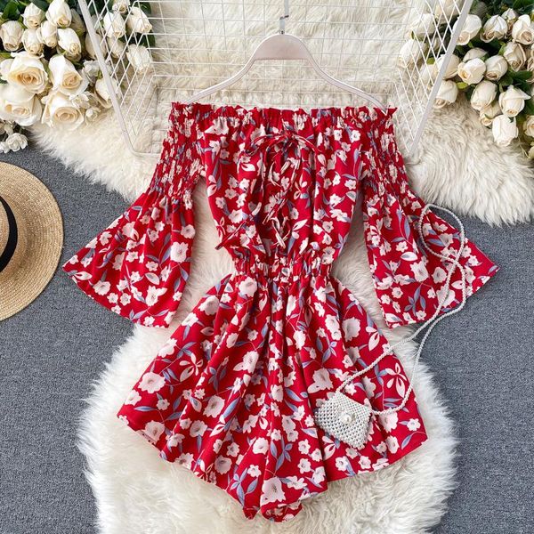 

bohemian seaside holiday print slash neck flared sleeves high waist short wide-legged playsuits women jumpsuits l297, Black;white