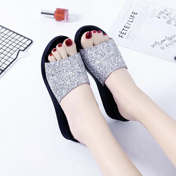 

silver glitter wedge sandals high platfrom flip flops women summer 2020 beach casual heels slippers shoes woman 35-401, Black