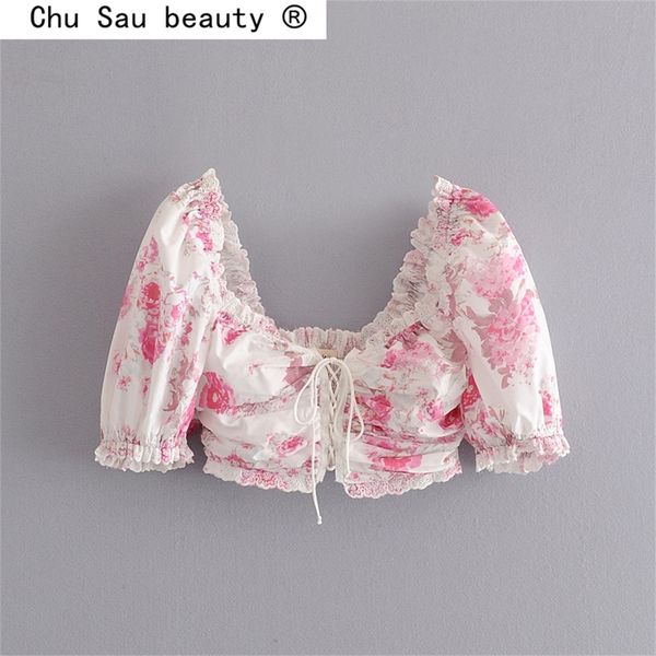 

chu sau beauty new vintage fashion 3 colour crop women chic summer deep v-neck lace elastic back short blouses female lj200812, White