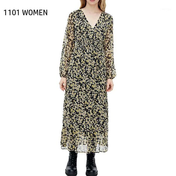 

new spring women colorful floral print pleated v-neck full sleeve long dress female casual fashion clothes1, Black;gray