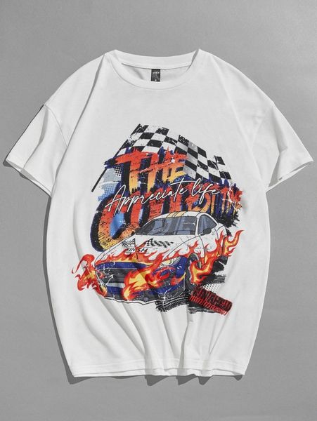 

men car & letter graphic drop shoulder tee 53ak#, White;black