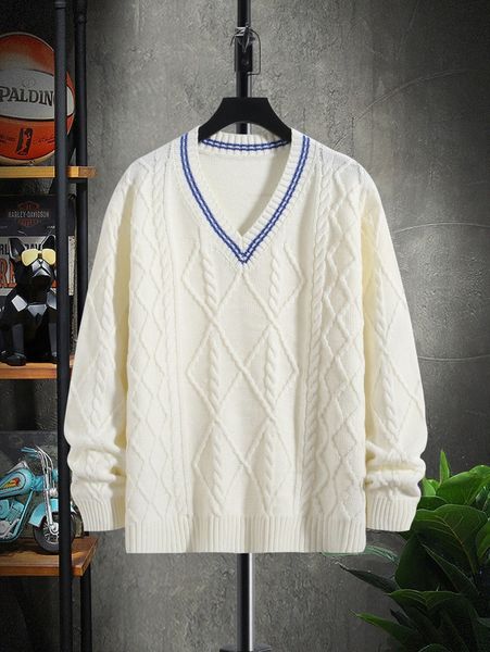 

extended sizes men striped trim cable knit sweater s7z5#, White;black