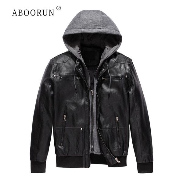 

aboorun 2020 pu leather jackets men hooded fleece pu clothing mens casual bomber jacket and coat r1370, Black