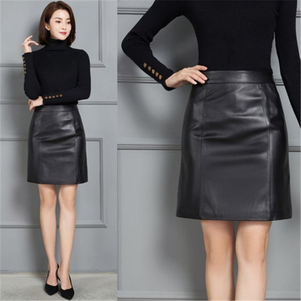 

2021 new fashion genuine real sheep leather skirt k4, Black
