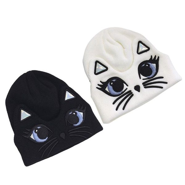 

japanese women winter warm knitted cuffed beanie hat cute big eyes cat embroidered holographic ears windproof skull cap, Blue;gray