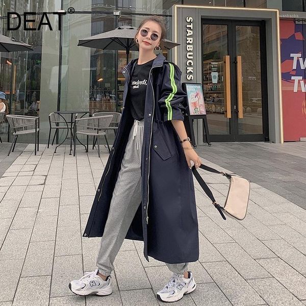 

deat] safari style striped hooded collar drawstring waist slim trench coat women full sleeve zipper 2020 new autumn tide tu1811, Tan;black