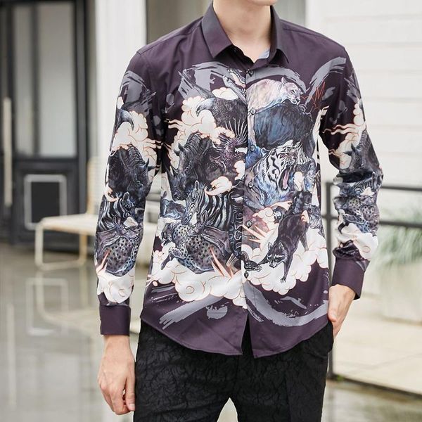 

men shirt long sleeve casual slim fit mens shirts spring fashion printing streetwear male clothes camisa masculina1, White;black