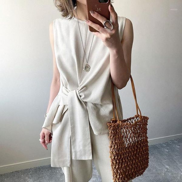 

summer blouse korean japan minimalist solid sleeveless asymmetrical front tie for women office lady work wear blouses1, White