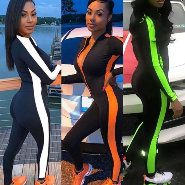 

женщины комбинезон дизайнер тонкий полный рукав молния стоять в стоять воротник тощая лента шить повседневный боди йога брюки ростки новые л, Gray