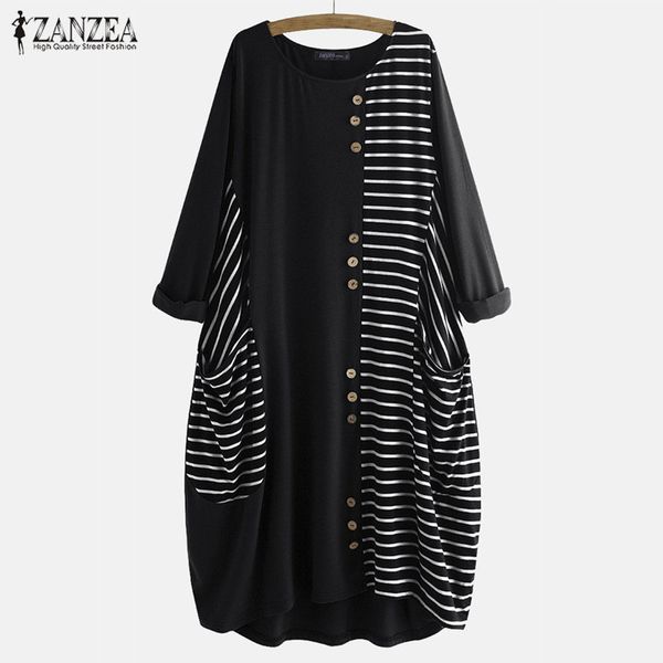 

zanzea autumn o neck long sleeve baggy sundress women striped dress elegant ladies work midi vestido femme patchwork plus size y0118, Black;gray
