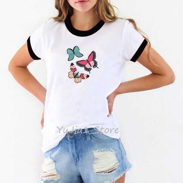 

2021 vogue butterfly flowers print tshirts women summer fashion white t shirt female aesthetic clothes haut femme