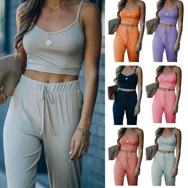 

2022 women two piece set solid color leisure sports suits fashion sleeveless sling trousers outfits ladies casual sport home clothing, White