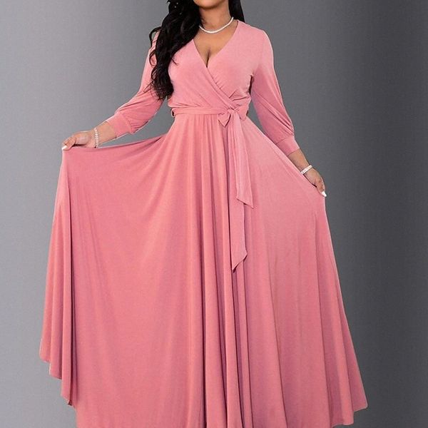 

women's plus size a line dress solid color v neck ruched long sleeve fall spring casual vintage maxi long dress causal daily dress z0np, Black