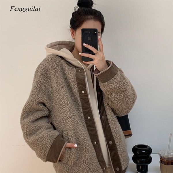 

women's fur & faux corduroy contrast splicing lamb wool coat women 2021 winter round neck loose warm casual comfortable versatile jack, Black