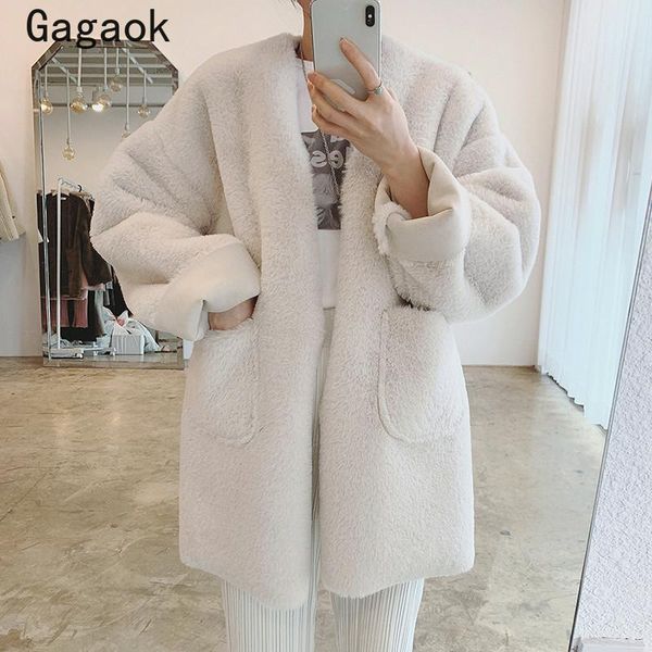 

gagaok women blends 2021 winter new solid pockets scarf collar open stitch korean chic simple wild coats female fashion clothes, Black