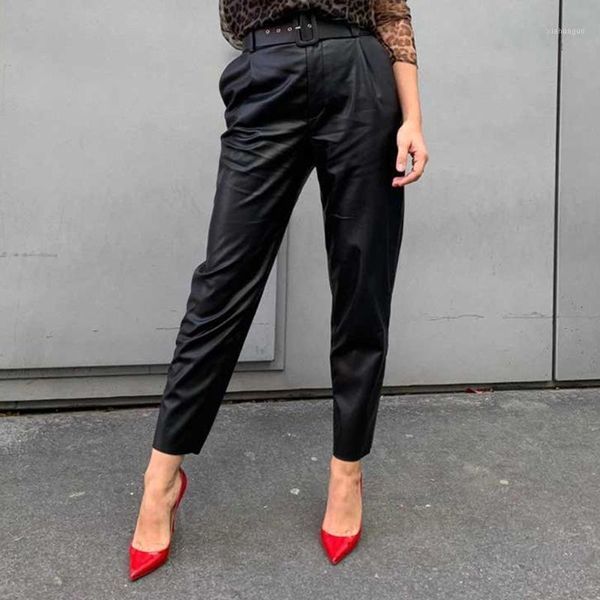 

2020 new pu leather women harem pants casual high waist elastic faux leather trousers for women autumn pants streetwear #351, Black;white