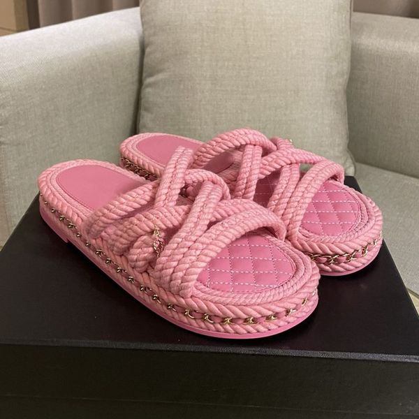

designer hemp base sandals beach summer shoes women flats hook&loop 2022 new style for early spring vacation, Black
