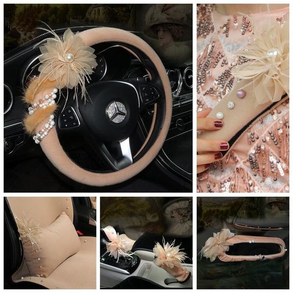 

champagne pearl feather decoration autumn and winter short plush car interior decoration set steering wheel cover for women1