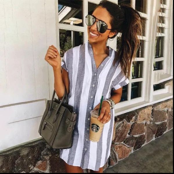 

summer dress striped casual mini dress short sleeve stand collar 2021 new fashion mini dress beach style loose boho, Black;gray