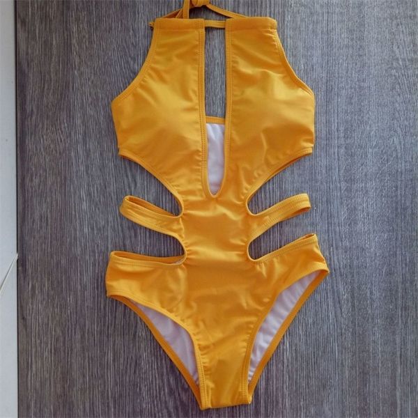 

yellow halter cut out bandage trikini swim bathing suit monokini push up brazilian swimwear women one piece swimsuit y200824, White;black