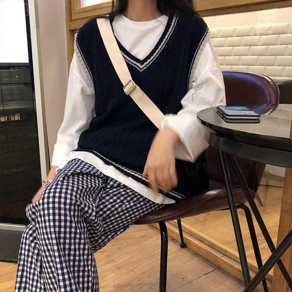 

3 colors 2020 autumn and winter preppy style v neck knitted sleeveless vest sweaters womens pullovers womens (x973)1, Black;white