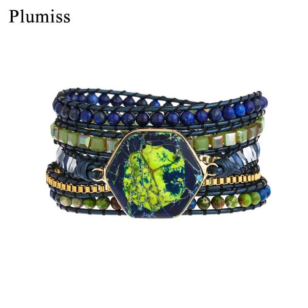 

hexagon blue green emperor stone wrap bracelets for women boho lapis lazuli crystal beads bracelet multi layers jewelry pulceras, Golden;silver