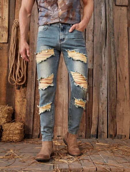 

men ripped carrot jeans v6vj#, Blue