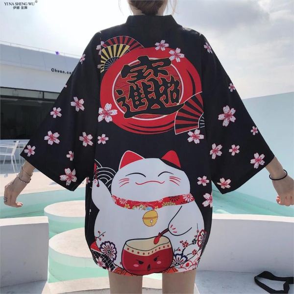 

lucky cat kimono japan streetwear cardigan harajuku robe japanese style clothes summer men women black white jacket, Red