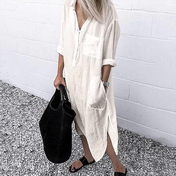 

elegant women spring lapel neck long sleeve cotton linen dress solid sundress long shirt dress baggy split hem vestido, Black;gray