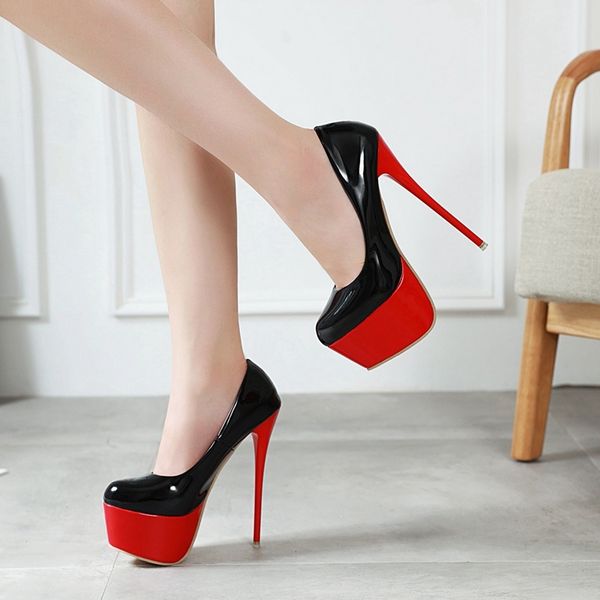 

super red thick bottom stiletto women pumps patent leather 16 cm high heel female t-stage shoes autumn heels big size 41 42 c0202, Black