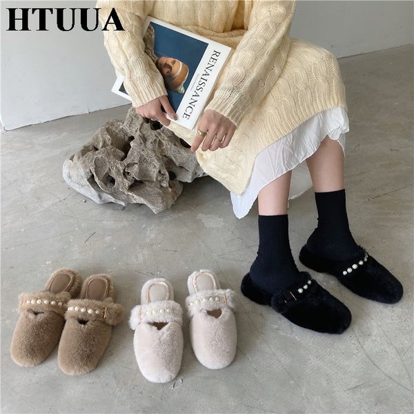 

htuua autumn winter soft faux fur slippers women designer flat mules shoes woman fluffy furry slides outside home slipper sx4404 y1123, Black