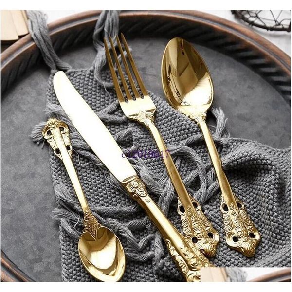 

vintage western gold plated cutlery dining knives forks teaspoons set golden luxury dinnerware engraving tableware set#13