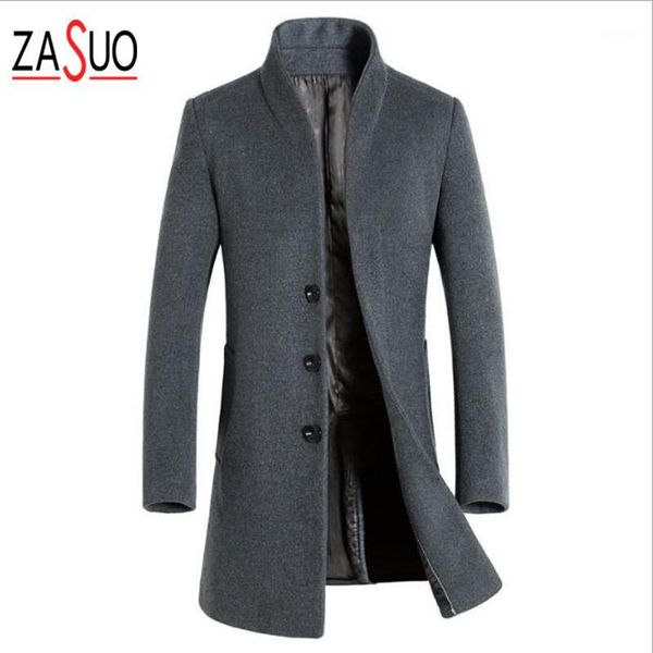 

men's wool & blends wholesale- 2021 men's business casual slim stand-down collar woolen coat long windbreaker single breasted jack, Black