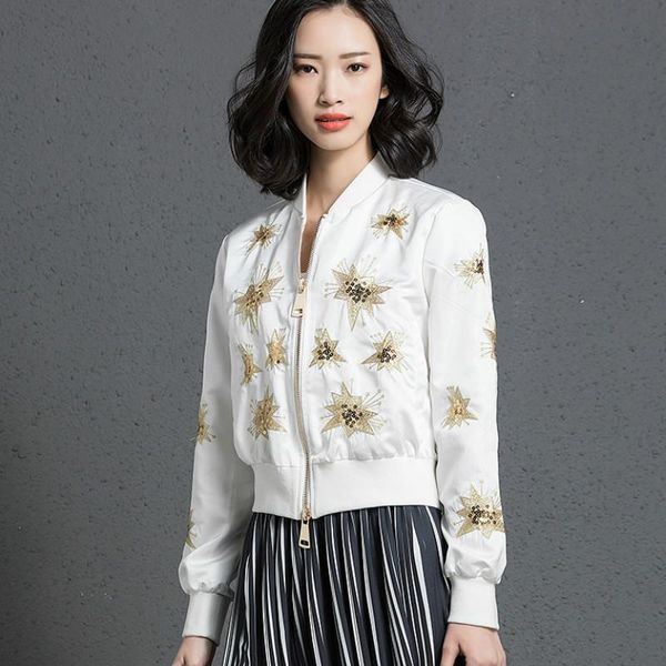 

women's jackets stars embroideried beading bomber jacket high waist baseball coat sequins flowers pilot outwear zipper cardigan long sl, Black;brown