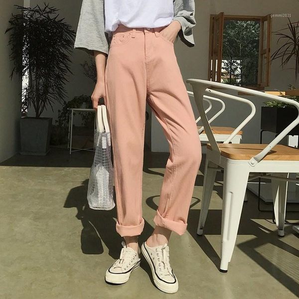 

women's jeans vintage pink mom 2021 high waisted long style boyfriend beige black zipper straight cotton korean1, Blue