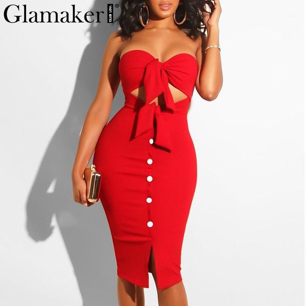 

strapless hollow out summer women dress red bodycon split midi party dress elegant black club button casual1, Black;gray