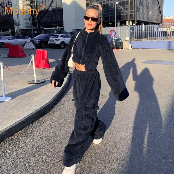 

winter plush warm women 2-piece set street wear long sleeve pocket short jacket & wide pants suit casual female 2020 fashion new1, Gray