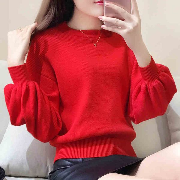 

red sweater women's loose spring and autumn clothing korean version of the base shirt shirt lantern sleeve sweater short 201130, White;black