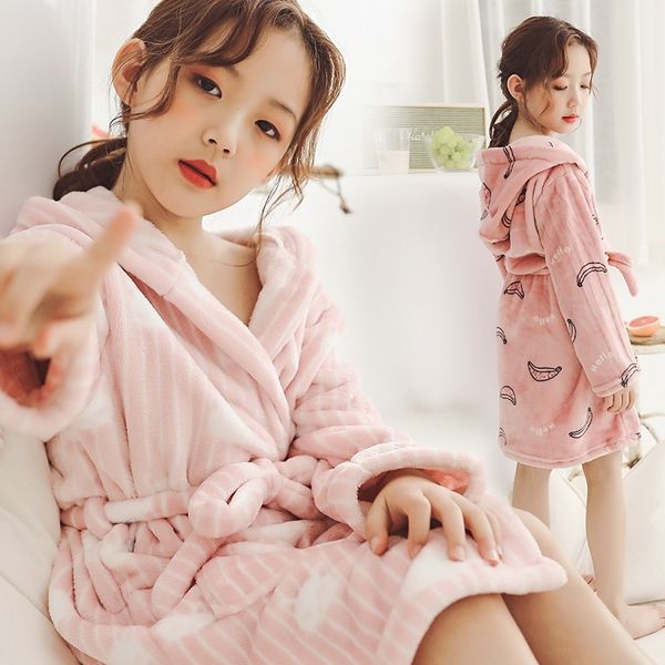 

children girls bathrobes autumn winter thicken warm pajamas kids hooded dressing grown cartoon flannel sleepwear for teens 210203, Black;red