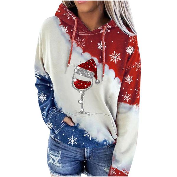 

women sweatshirts pullover blinging christmas red wine glass print hooded contrast harajuku pullover sweatshirt sudaderas, Black
