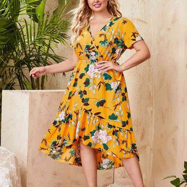 

summer women casual floral dress plus size short sleeve v neck elegant dresses for women clothing vestidos mujer verano, Black;gray