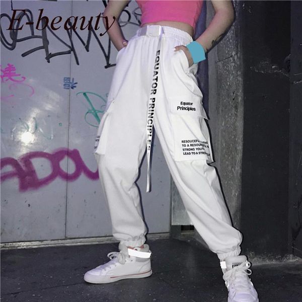 

big pockets cargo pants women high waist loose streetwear pants baggy tactical trouser hip hop joggers, Black;white