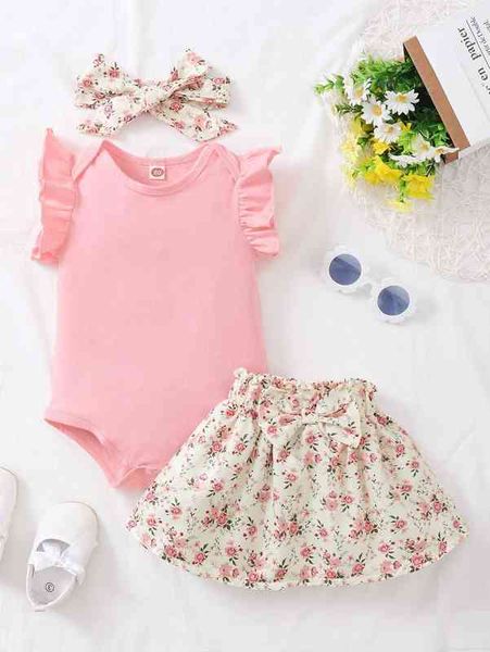 

baby solid ruffle bodysuit & floral print bow skirt she, White