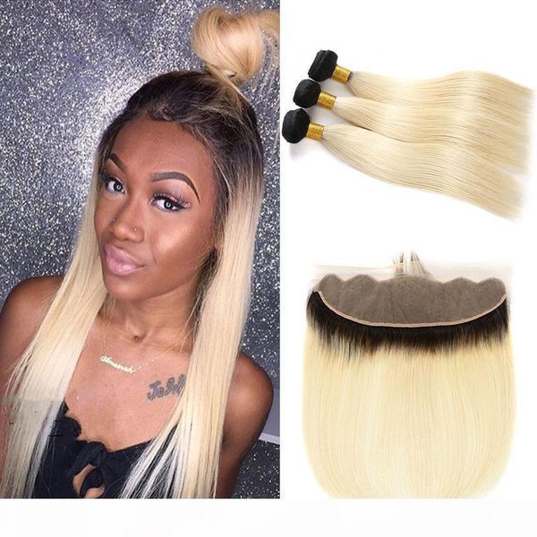 

cuticle aligned hair bundles with frontal straight 1b 613 ombre blonde brazilian virgin hair weave 3 wefts and 13x4 part lace frontal, Black;brown
